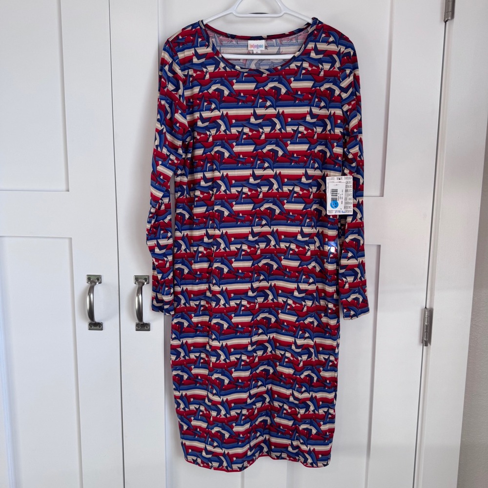 NWT‎ LuLaRoe Debbie Striped Dress Women's Size XL Americana Red White Blue Stars
